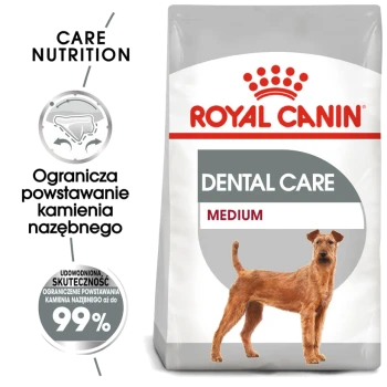 Torba z jedzeniem dla psów Royal Canin Dental Care, z medium-sized psem, z tekstem podkreślającym korzyści dla zdrowia jamy ustnej i 99% skuteczności.