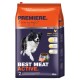 Huisdiervoeding zak "Premiere Best Meat Active" met een rennende hond, 44% kip, 4kg formaat, en de boodschap "I love my dog."