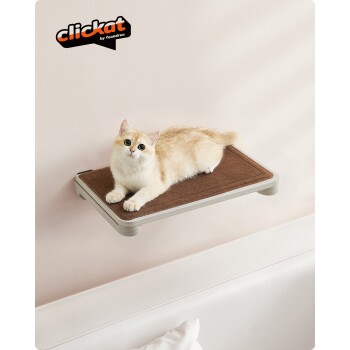 Eine flauschige cremefarbene Katze mit großen Augen liegt auf einem braunen Katzenregal, das an einer Wand montiert ist, mit dem sichtbaren Logo "clickat by feandrea" darüber.