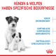 Zwei kleine Hunde mit deutschem Text, der ihre Bedürfnisse hervorhebt: "Hohe Energie", "Empfindliches Immunsystem" und "Empfindliche Verdauung."