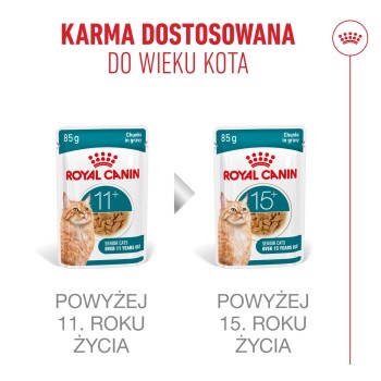 Karma Royal Canin w saszetkach dla starszych kotów, 11+ i 15+ lat, 85 g kawałków w sosie, tekst w języku polskim.