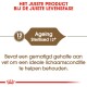 Productlabel voor huisdierenvoer, met "Ageing Sterilised 12+" voor katten van 12 jaar en ouder, met tekst over het behouden van de ideale lichaamsconditie.