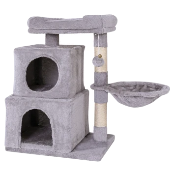 Grauer Katzenbaum mit zwei geschlossenen Fächern, einem oberen Platz und einem hängenden Spielzeug, entworfen für das Spielen und Entspannen von Katzen.