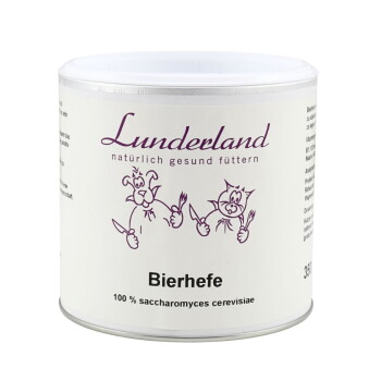 Lunderland Bierhefe, weiße Dose als Ergänzungsfuttermittel mit lila Cartoon-Hund und -Katze und dem Text „100% saccharomyces cerevisiae“.