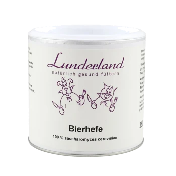 Lunderland Bierhefe, weiße Dose als Ergänzungsfuttermittel mit lila Cartoon-Hund und -Katze und dem Text „100% saccharomyces cerevisiae“.