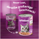 Whiskas Katzenfutterdosen mit neuem Design, mit dem Text "Neuer Look, derselbe großartige Geschmack!" und "mit Lachs in Gelee."