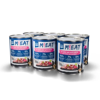 Sechs Dosen Nutri QM M!EAT Hundefutter mit Herz und Rote Bete, zeigt 93 % Fleisch, 7 % Gemüse und 0 % Zusatzstoffe.