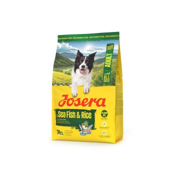 Gelber Josera 'Sea Fish & Rice' Hunde-Trockenfuttersack für Erwachsene mit lächelndem Border Collie; Aufschriften 'All Sizes', 'Salmon Oil', '74%'.