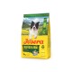 Gelber Josera 'Sea Fish & Rice' Hunde-Trockenfuttersack für Erwachsene mit lächelndem Border Collie; Aufschriften 'All Sizes', 'Salmon Oil', '74%'.