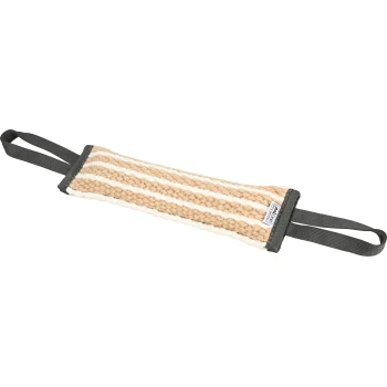 Beiges und weiß gestreiftes, gewebtes Hundezerrspielzeug mit schwarzen Griffen und einem kleinen Etikett mit der Aufschrift „AniOne“.