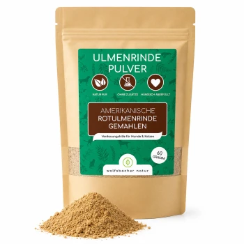 Braune Tüte Ulmenrinde Pulver mit grünen und weißen Etiketten, die "Amerikanische Rotulmenrinde Gemahlen" und "Verdauungshilfe für Hunde & Katzen" lesen.