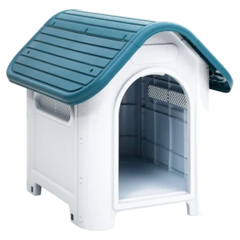 Plastikhundehütte mit einem türkisfarbenen, geneigten Dach und einer offenen Vorderseite, mit Belüftungsöffnungen an den Seiten.