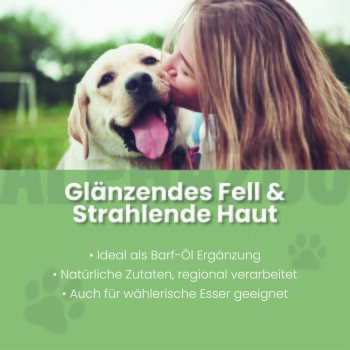 ALPHA-ZEGG Haustierölflasche mit "ENDLICH DIE NATUR GENIESSEN" und Symbolen für saisonale Nutzung, lokale Produktion und eine hochwertige Mischung aus schwarzem Kümmel.