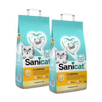 Zwei Säcke Sanicat klumpende Katzenstreu, mit einem hellblauen Design und einer Katzenillustration, beschriftet mit "Duftfrei" und "Sauerstoffgeruchskontrolle."