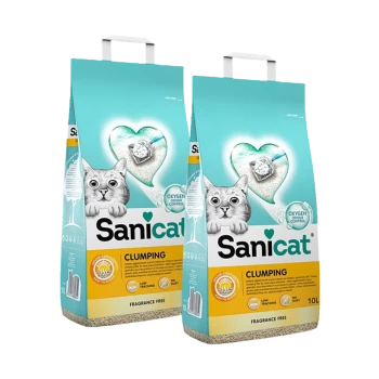Dwie torby żwirku dla kotów Sanicat, z jasnoniebieskim wzorem i ilustracją kota, oznaczone 'Bez zapachu' i 'Kontrola zapachu tlenowego'.