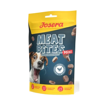 Josera Meat Bites Mini Hundesnack-Tüte, blau/gelb, Foto eines aufgeregten Hundes, 'Soft & tasty training snacks', Hähnchen-Symbol.