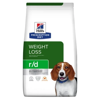 Torba karmy dla psów Hill's Prescription Diet r/d Weight Loss z zielonym wzorem, podkreślająca "WEIGHT LOSS" i "VETERINARIAN RECOMMENDED."