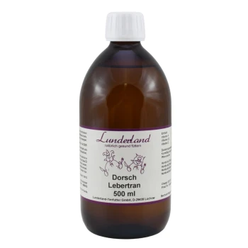 Braune Glasflasche mit Lundetland Dorsch Lebertran (Dorschleberöl) 500 ml, mit Nährwertangaben und Dosierungsanweisungen.