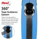 A close-up of a blue flexi dog leash featuring a 360° tape guidance system, with text explaining its jam-free functionality.