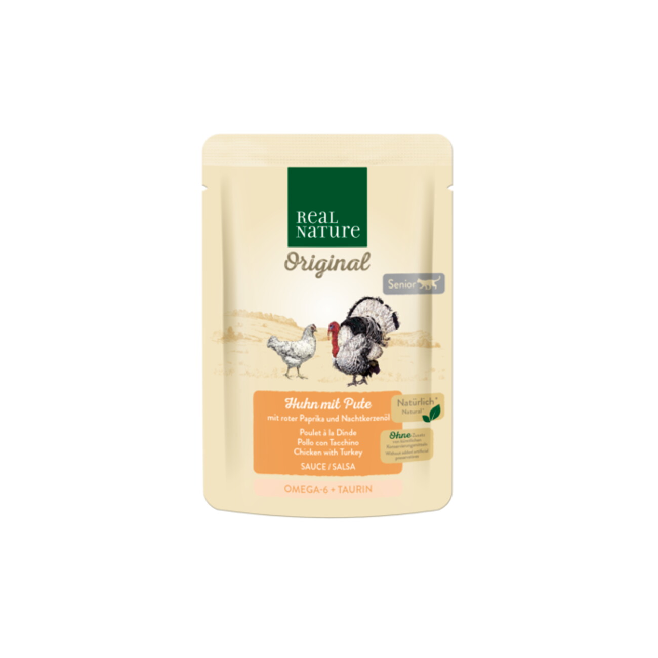 REAL NATURE Original Nassfutter Katze, Senior Huhn mit Pute, roter Paprika und Nachtkerzenöl 12x85 g