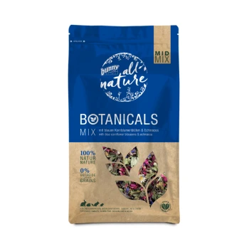 Eine Tüte Bunny All Nature Botanicals Mix, mit blauen Kornblumenblüten und Echinacea, beschriftet mit '100% Natur' und '0% Getreide.'
