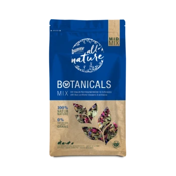 Eine Tüte Bunny All Nature Botanicals Mix, mit blauen Kornblumenblüten und Echinacea, beschriftet mit '100% Natur' und '0% Getreide.'
