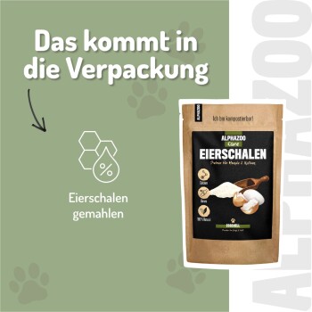 ALPHAZOO Eierschalenverpackung für Hunde und Katzen, die die Knochengesundheit, Umweltfreundlichkeit und das Verhältnis von Calcium zu Phosphat betont.