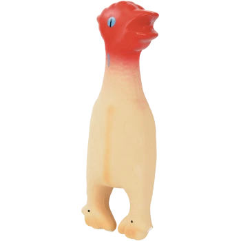 Quietschespielzeug in Form eines Gummi-Huhns für Hunde mit rotem Kopf mit offenem Schnabel, blauem Auge und beigem Körper.