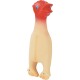 Squeaky rubber chicken dog toy with red open-beaked head, blue eye and beige body.