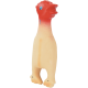 Squeaky rubber chicken dog toy with red open-beaked head, blue eye and beige body.