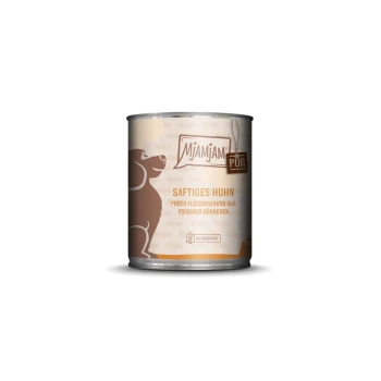 Une boîte de nourriture pour chien Mjamjam étiquetée "Poulet juteux", avec une silhouette de chien brun et "Sans céréales, pur délice au poulet."