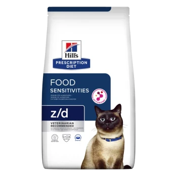Hill's Prescription Diet z/d Katzenfuttertüte, beschriftet mit "Futtermittelunverträglichkeiten", mit einem Siamkatzenbild und dem Text "Vom Tierarzt empfohlen."