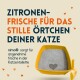 Gelbe Katzenstreu-Box mit grauer Streu, mit einer Herzform in der Streu; der Text bewirbt nimo® für Frische in Katzentoiletten.