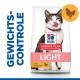 Hill's Science Plan Light kattenvoerzak met een likkende kat, gelabeld 'Gewichts-Kontrolle' en 'met Kip.'