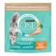 Sac Purina ONE BIFENSIS, couleur sarcelle, avec chat gris à poil long et image de poulet ; textes visibles : 'Purina ONE', 'BIFENSIS', 'Spécial chat de 11 ans et +'.