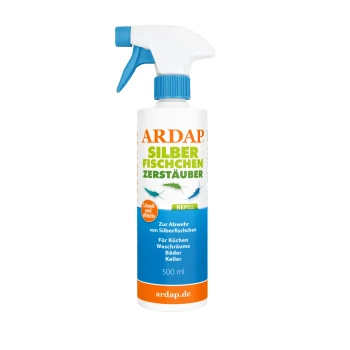 Weiße Sprühflasche mit Aufschrift 'ARDAP Silberfischchen Zerstäuber' 500 ml, blau-orangenes Etikett mit Silberfisch-Symbolen und 'ardap.de'