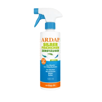 Weiße Sprühflasche mit Aufschrift 'ARDAP Silberfischchen Zerstäuber' 500 ml, blau-orangenes Etikett mit Silberfisch-Symbolen und 'ardap.de'