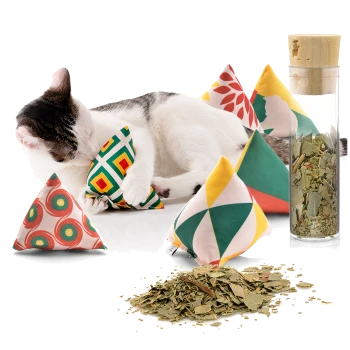 Eine verspielte Katze kuschelt mit einem bunten, dreieckigen Katzenminzspielzeug, umgeben von weiteren gemusterten Spielzeugen und einem Glasbehälter mit getrockneten Kräutern.