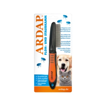 Verpackung des ARDAP Floh- und Staubkamms mit einem schwarzen Kamm und einem orangefarbenen Griff, entworfen für mittelgroße bis große Hunde und Katzen.