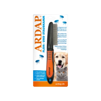 Verpackung des ARDAP Floh- und Staubkamms mit einem schwarzen Kamm und einem orangefarbenen Griff, entworfen für mittelgroße bis große Hunde und Katzen.