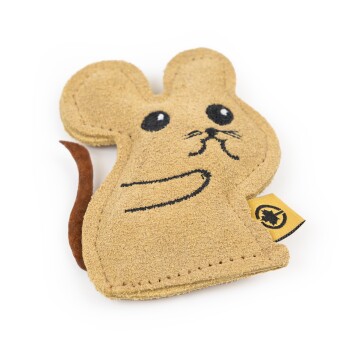 Ein plüschiges, mausförmiges Haustierspielzeug in Beige mit schwarzen Gesichtszügen und einem braunen Schwanz, mit einem gelben Etikett.