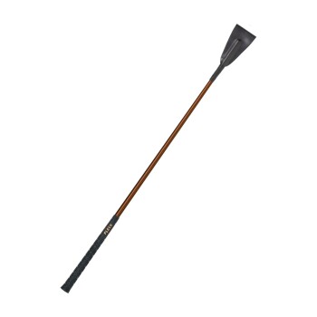Ein elegantes, braun-schwarzes Haustierpflegewerkzeug mit einem breiten, flachen Kopf und einem strukturierten Griff, beschriftet mit "FLECK."