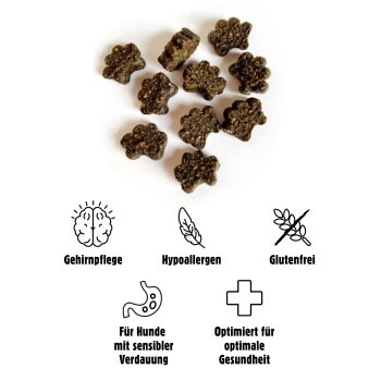 Dunkle, pfotenförmige Hundeleckerlis auf weißem Hintergrund, die Vorteile hervorheben: Gehirnpflege, hypoallergen, glutenfrei, empfindliche Verdauung, optimale Gesundheit.