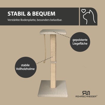 Katzekratzbaum mit einem gepolsterten Ruhebereich, stabiler Holzbasis und einem Seilspielzeug, mit dem Text "STABIL & BEQUEM."