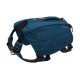 Ein blauer Hunderrucksack von Ruffwear mit verstellbaren Riemen, einem oberen Griff und einem Reißverschlussfach zur Aufbewahrung.