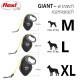 Obraz trzech smyczy Flexi Giant w różnych rozmiarach (M, L, XL) z maksymalnymi limitami wagowymi: M - 25 kg, L - 50 kg.