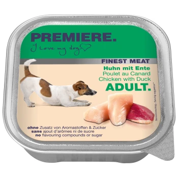 Hundefutterverpackung mit einem verspielten Hund, beschriftet "Premiere. Ich liebe meinen Hund," mit "Finest Meat Huhn mit Ente" und "Adult" deutlich angezeigt.