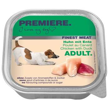 Hundefutterverpackung mit einem verspielten Hund, beschriftet "Premiere. Ich liebe meinen Hund," mit "Finest Meat Huhn mit Ente" und "Adult" deutlich angezeigt.