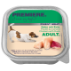 Hundefutterverpackung mit einem verspielten Hund, beschriftet "Premiere. Ich liebe meinen Hund," mit "Finest Meat Huhn mit Ente" und "Adult" deutlich angezeigt.