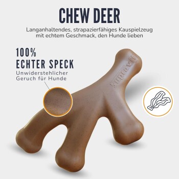 Kauspielzeug für Hunde in Form eines Rehs, langlebig und haltbar, mit echtem Geschmack. Text hebt hervor: "100% echter Speck" und "Unwiderstehlicher Geruch für Hunde."